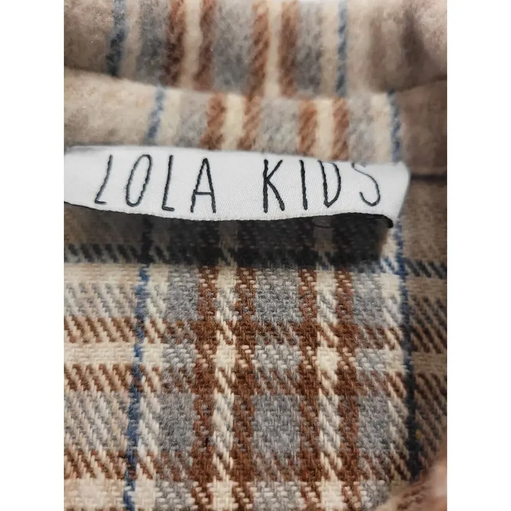 Lola Kids Plaid Shacket Jacket Size S Beige Blue Brown Wool Blend Button Front